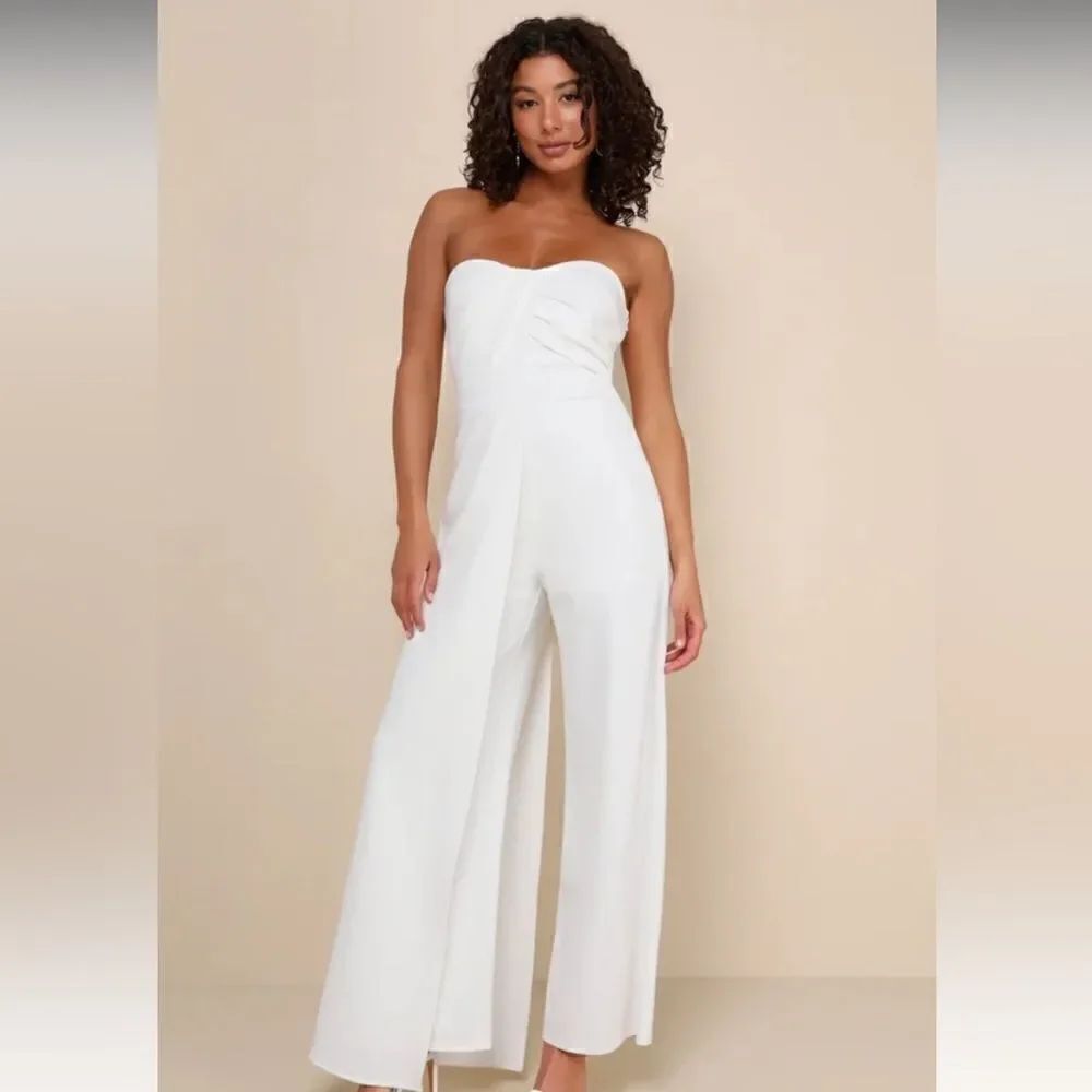 Lulus Angelic Elegance White Pleated Strapless Overlay Jumpsuit size XS